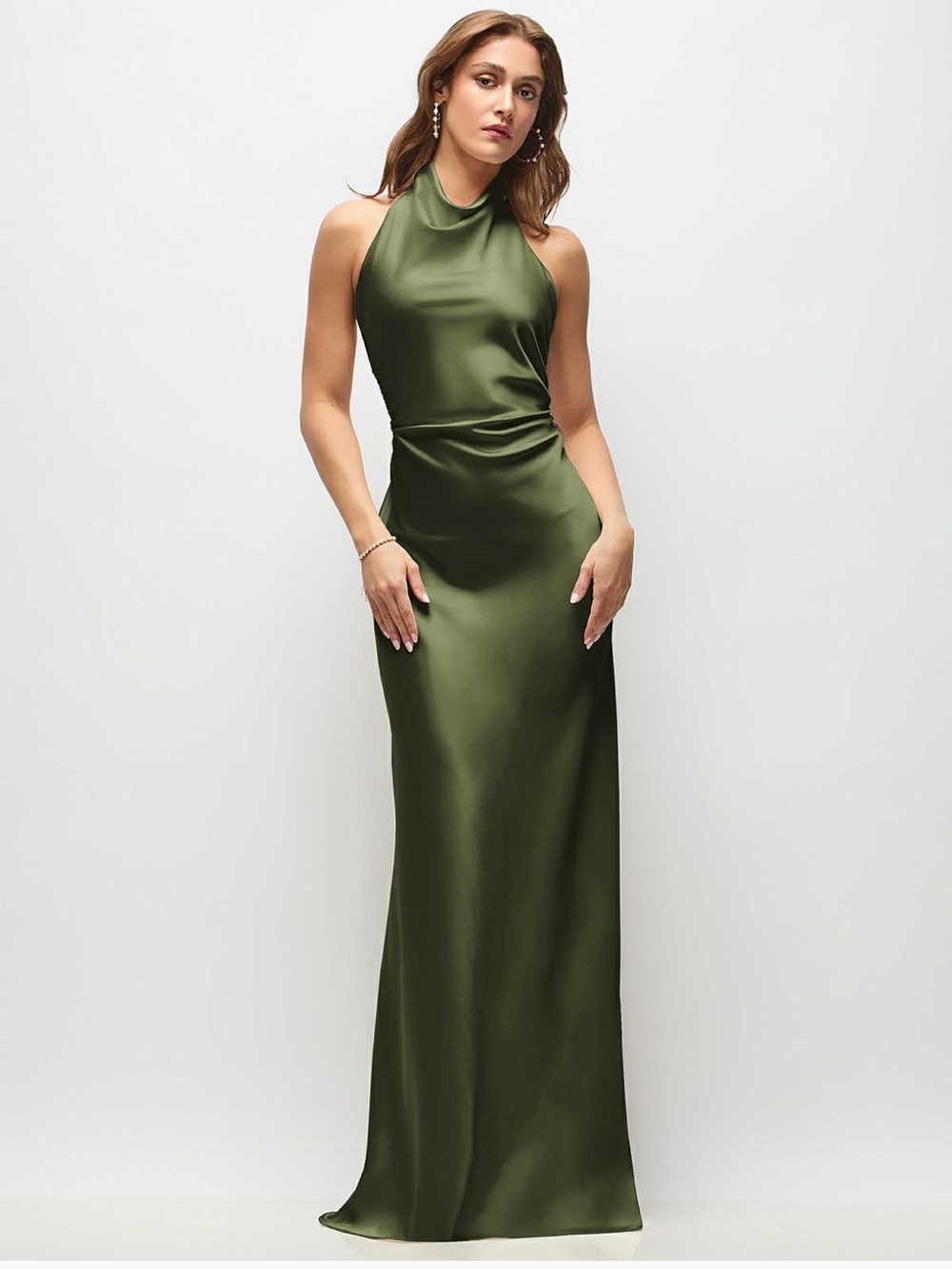 Dessy Elegant Olive Halter Satin Evening Dress- NWT
